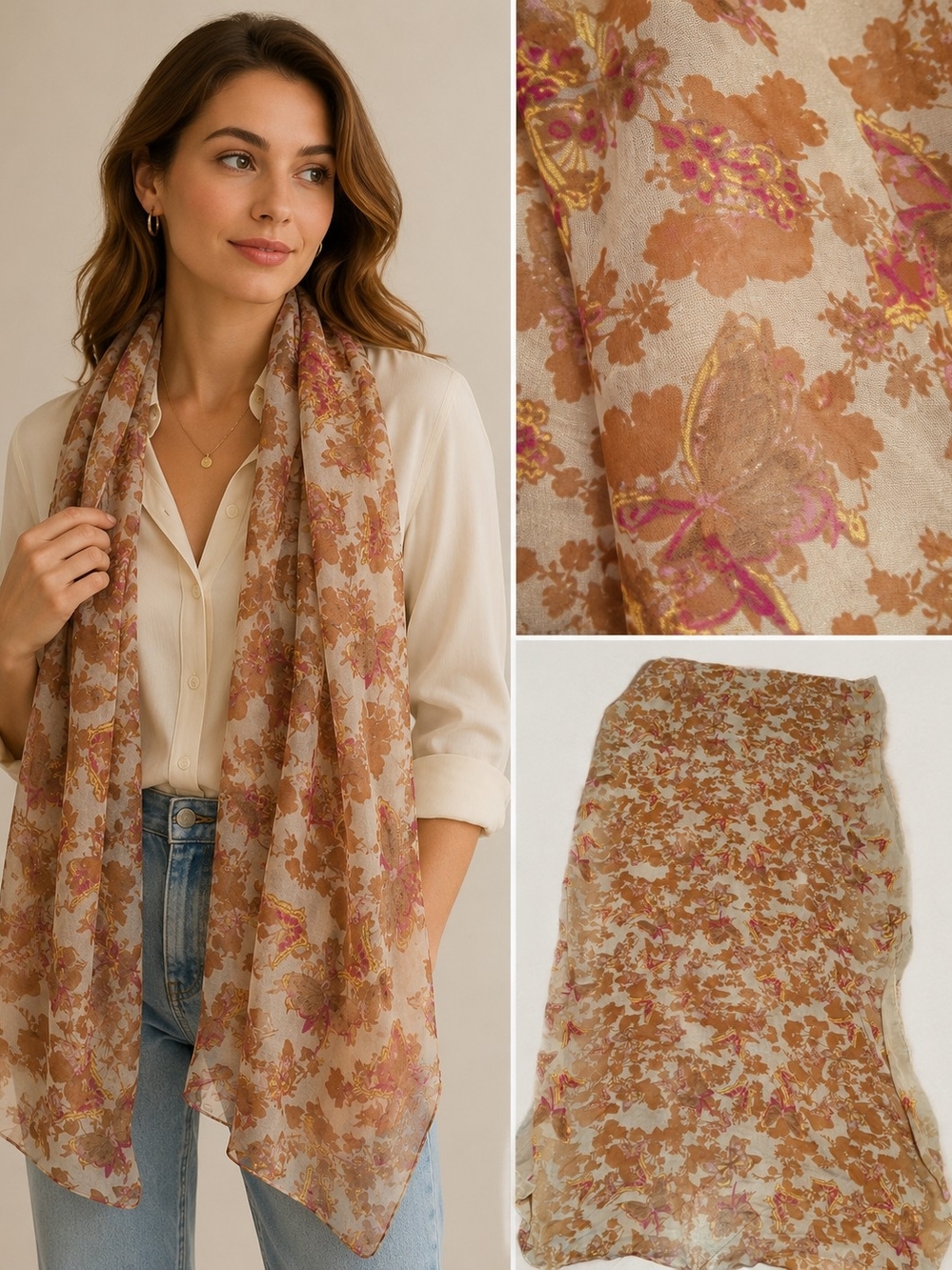 Lightweight Floral Scarf in Beige and Pink
